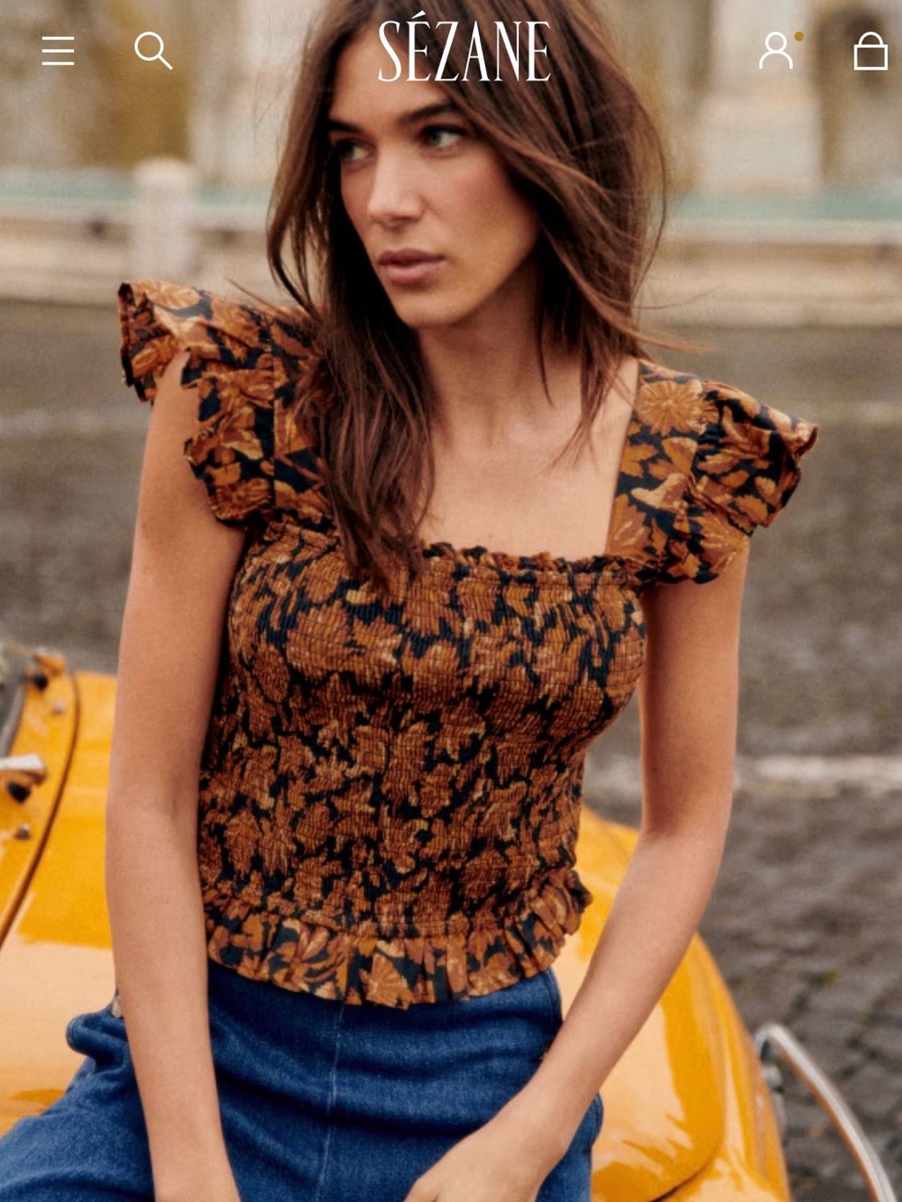 Sezane Elodia Blouse - Dela Print - Brown Smocked Blouse